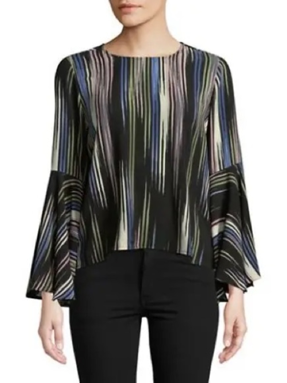 Striped Black Bell-Sleeve Blouse with Multicolor Accents, Size L